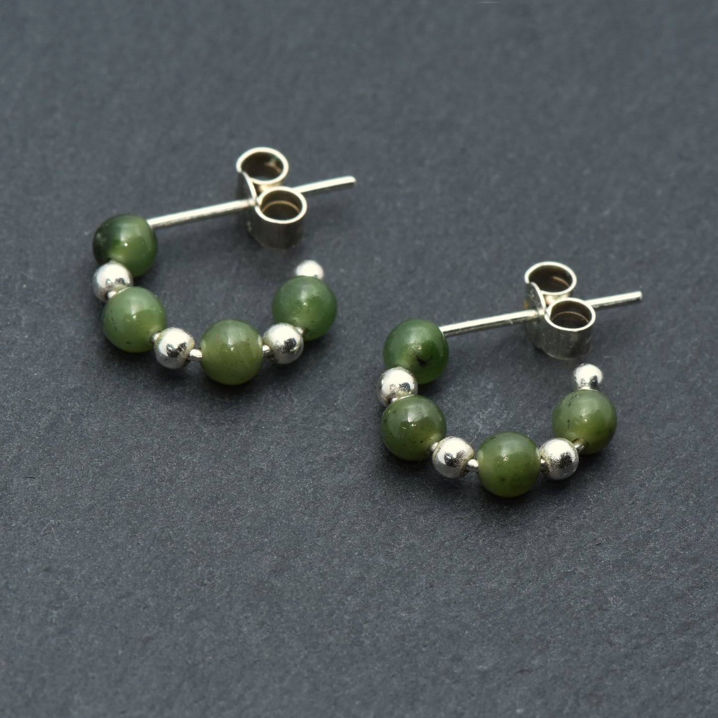 Jade and Sterling Silver Half Hoop Stud Earrings