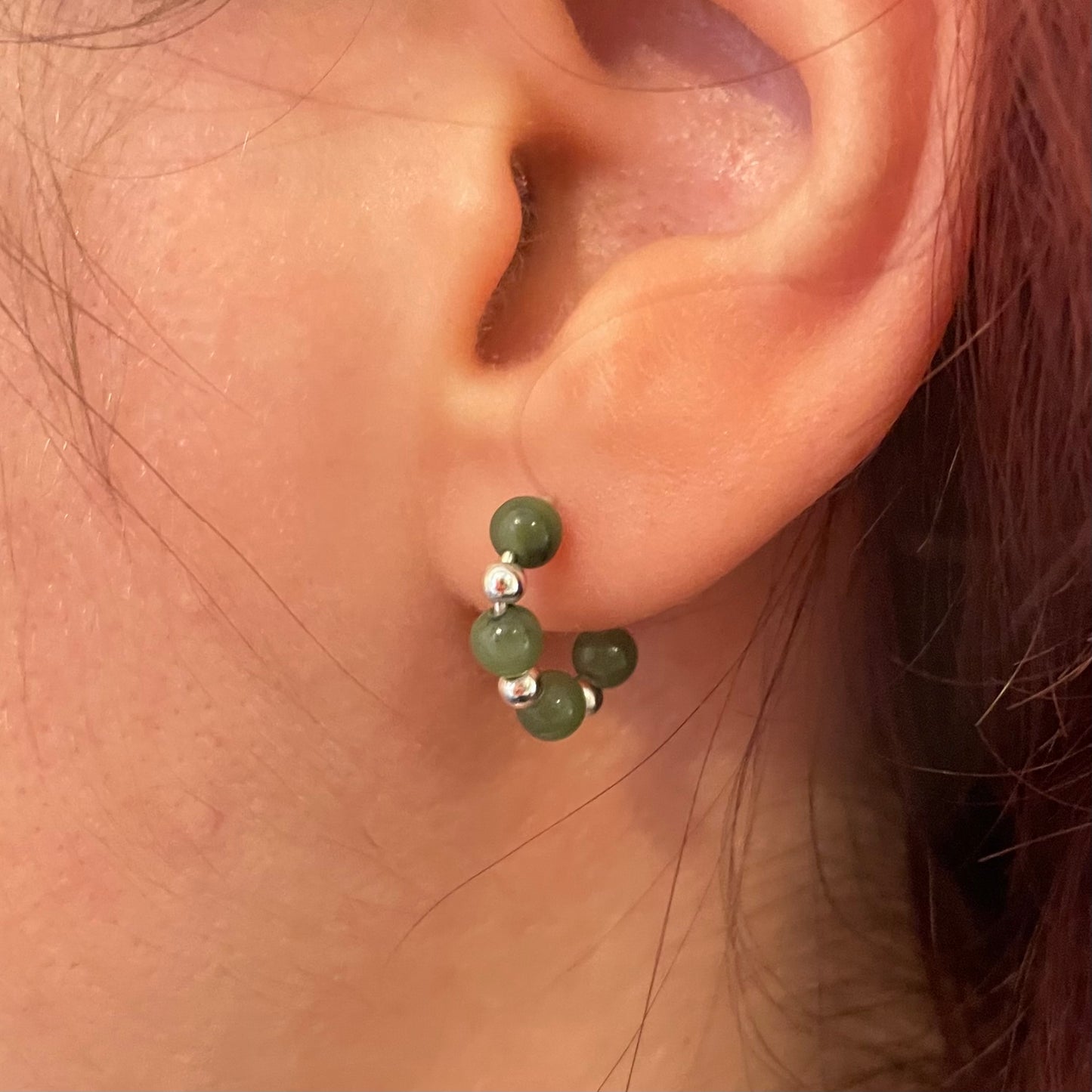 Jade and Sterling Silver Half Hoop Stud Earrings