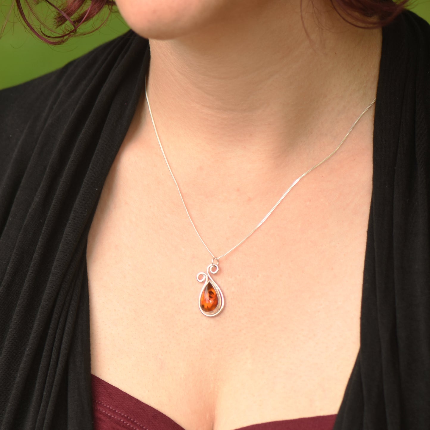 Amber with Scroll Design Sterling Silver Pendant
