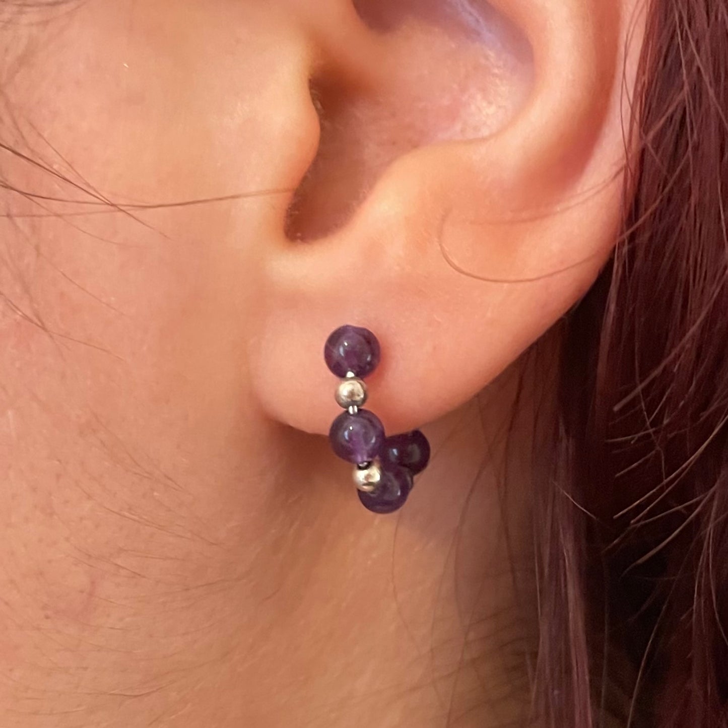 Amethyst and Sterling Silver Half Hoop Stud Earrings