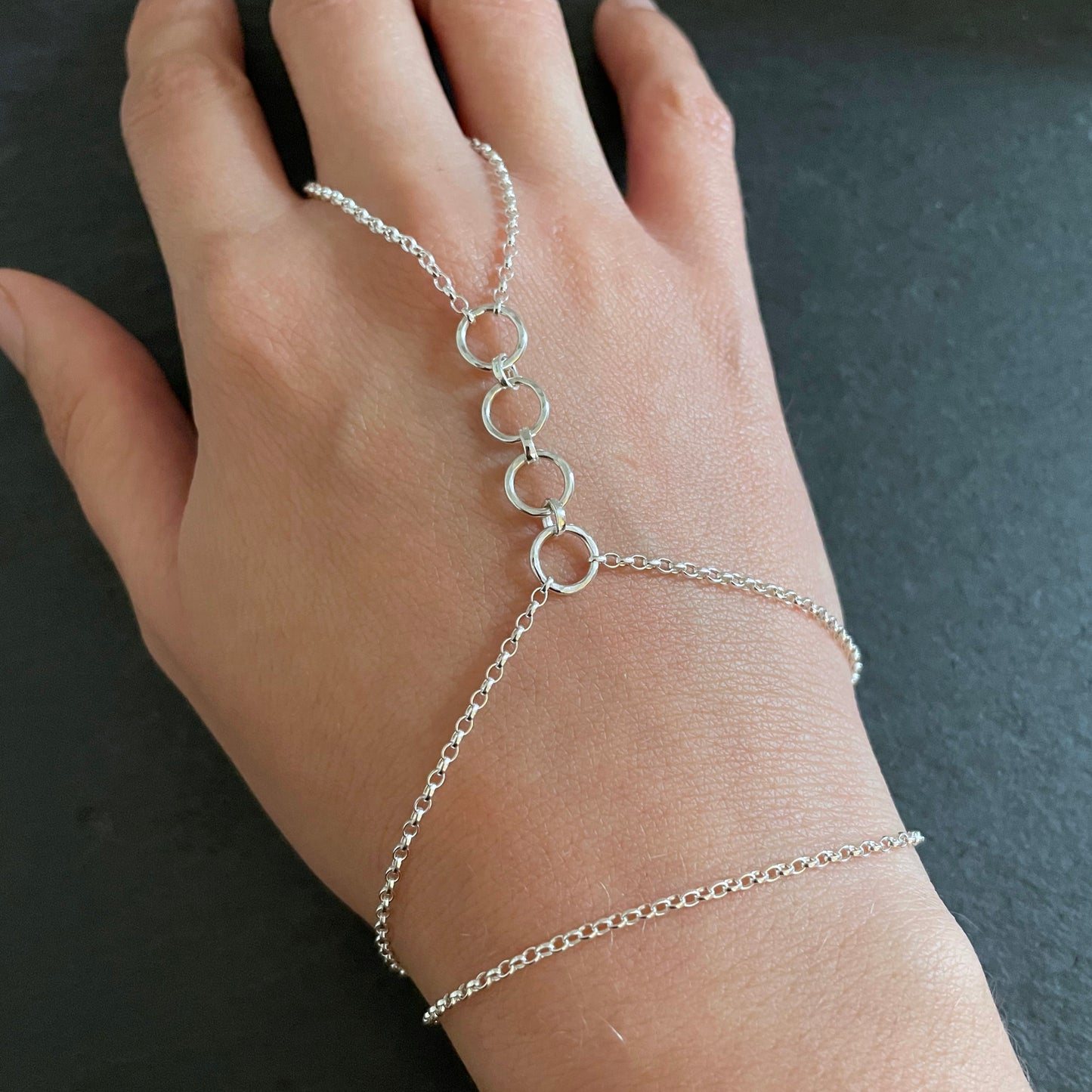 Sterling Silver Hammered Circle Link Hand Chain